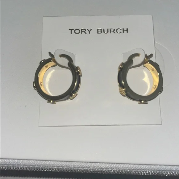 Tory Burch Gold and Black Studded Hoop Earrings - Picture 2 of 3